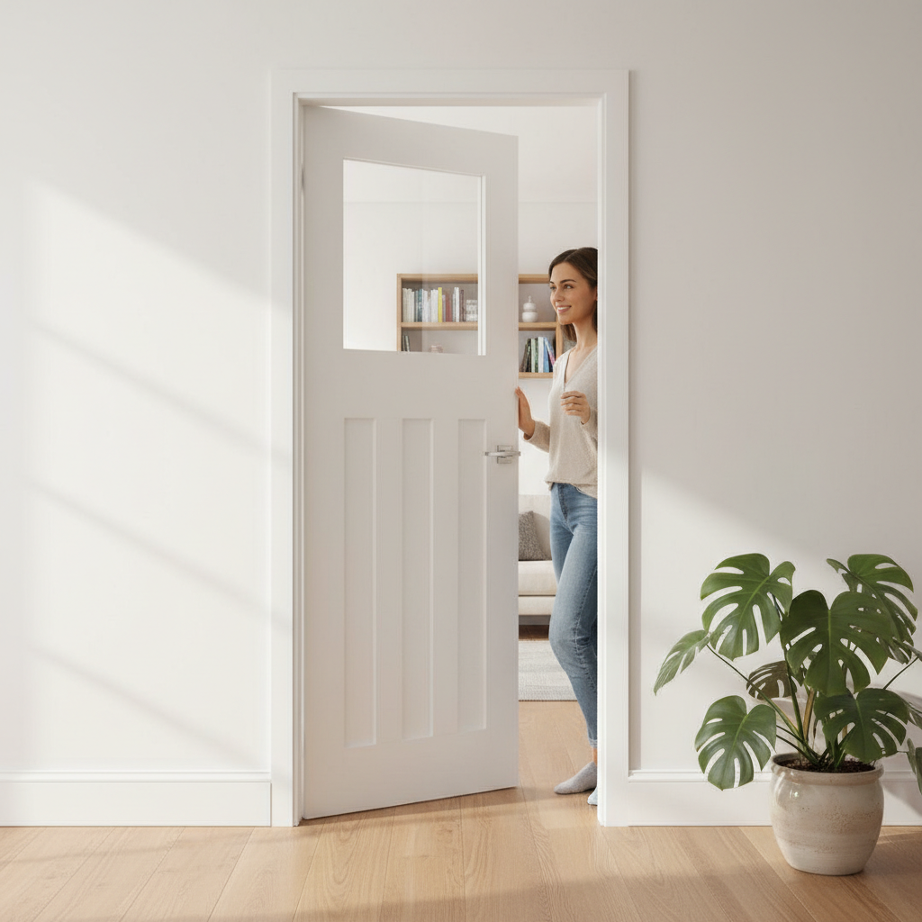 Premium Clear Glazed White Interior Door - 1930s Inspired Shaker Panel with Solid Core and Custom Sizes Available