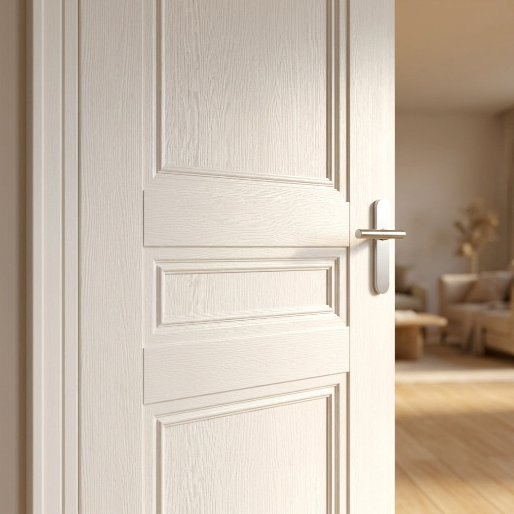 Internal White 3 Panel Door, Primed Finish, Solid Engineered Timber Core - detail view