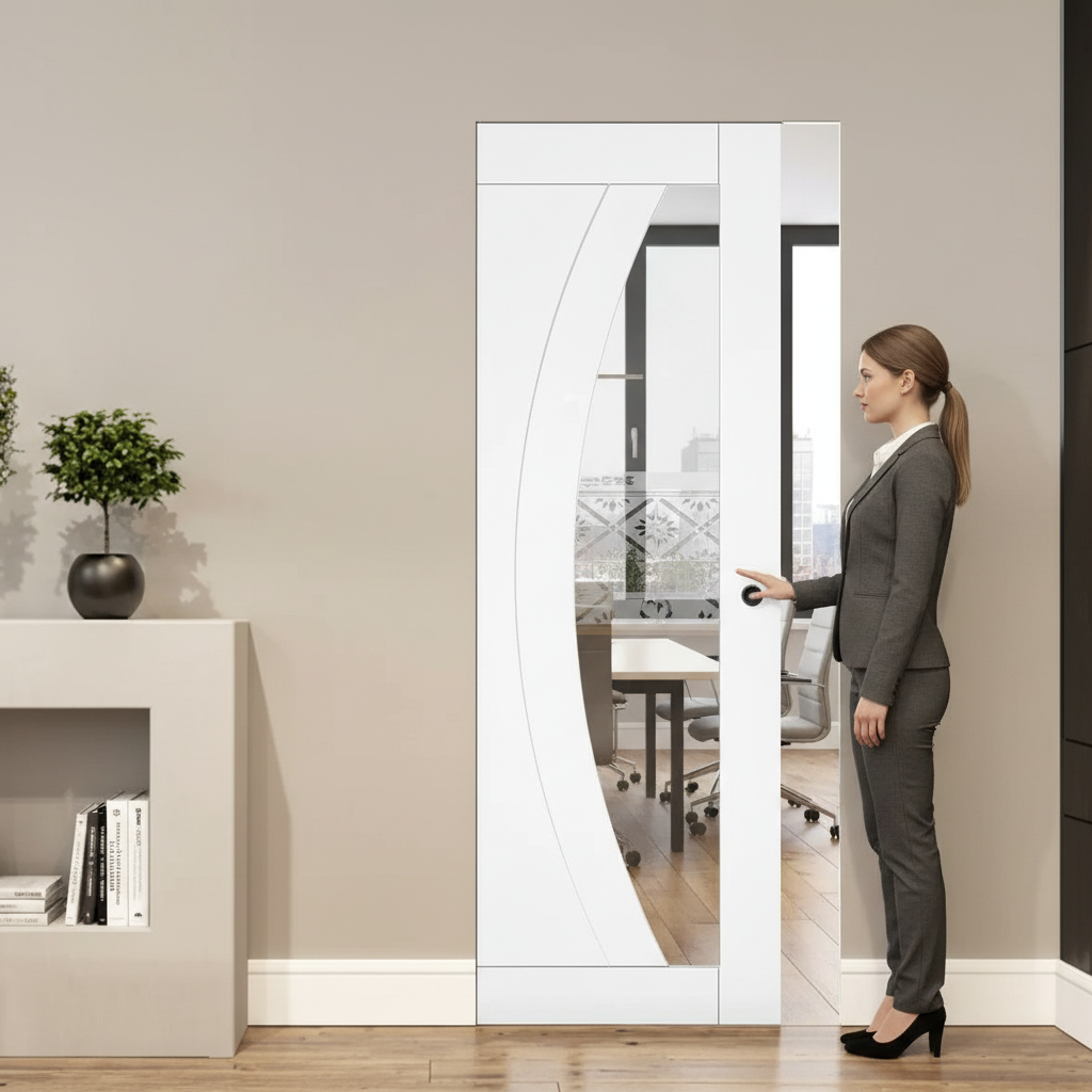 Premium White Glazed Flush Pocket Door Set with Curved Glass Pane and No Bottom Track for Space Saving