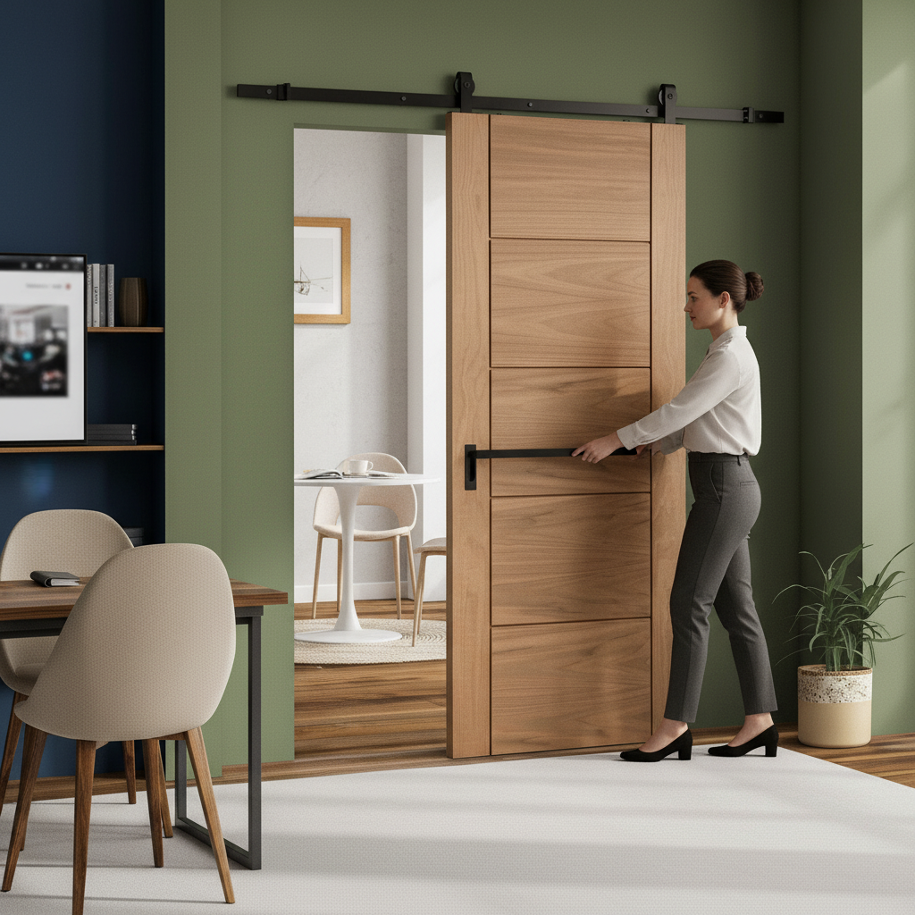 Unfinished Oak Internal Sliding Door with Classic Five-Panel Design and Top-Mounted Track Mechanism - Image 2