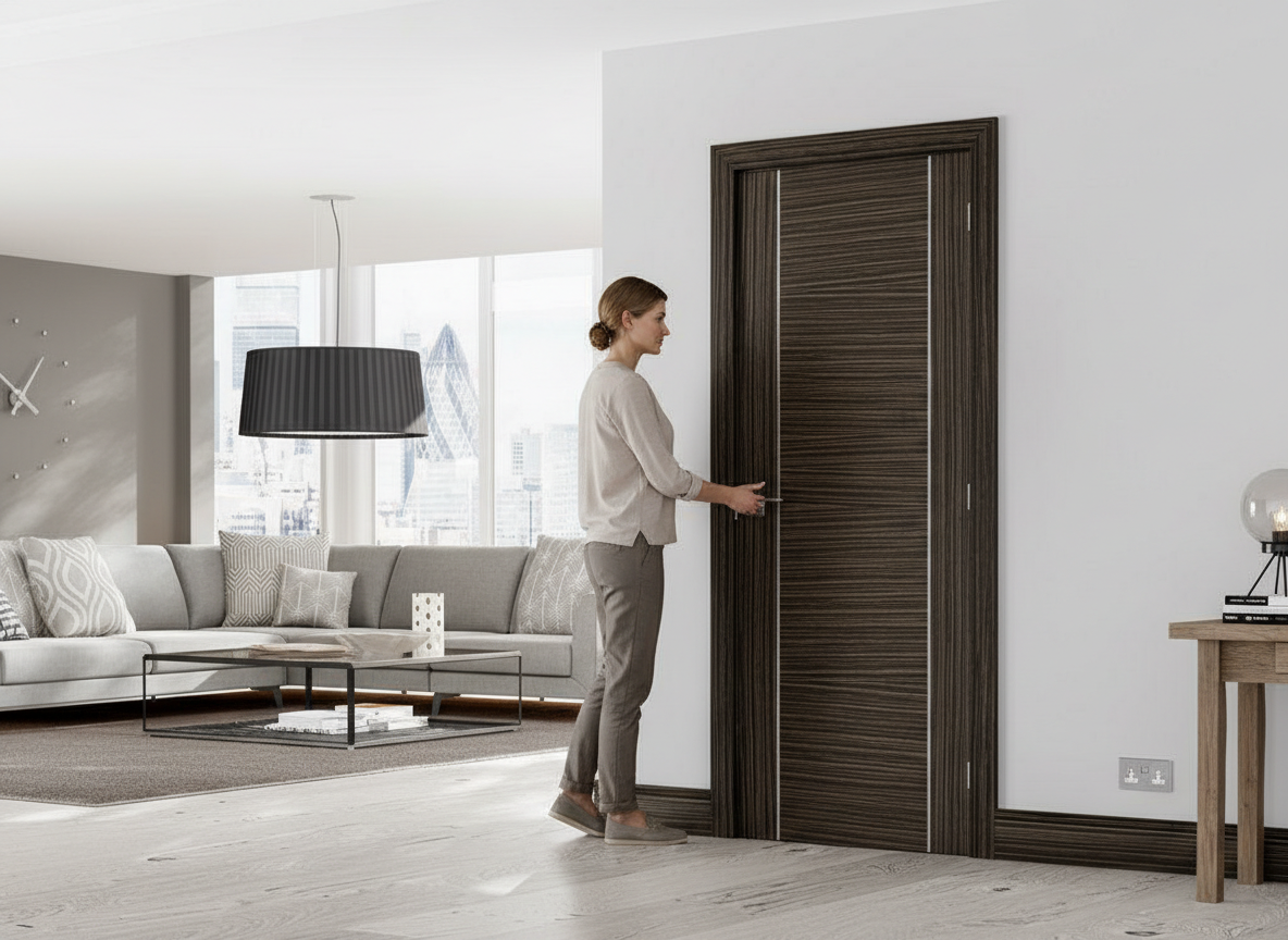 Premium Internal Door with Real Abachi Veneers and Aluminium Strip Inlays for Modern Living Environments
