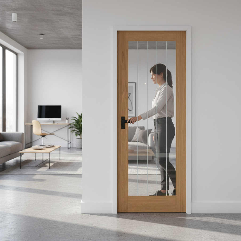 Premium Oak Pocket Door Set - 1 Light Obscure Lined Clear Glass, Customizable Finish, Space-Saving Design for Modern Interiors - Image 2