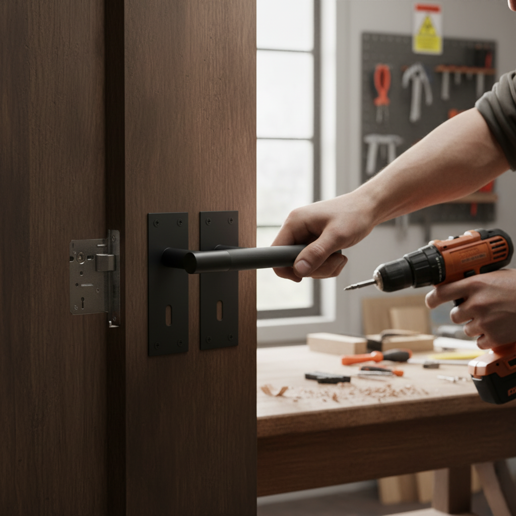 Premium Sashlock Handle Set with Linear Lever on Backplate - Elegant Matt Black Finish for Modern Interiors