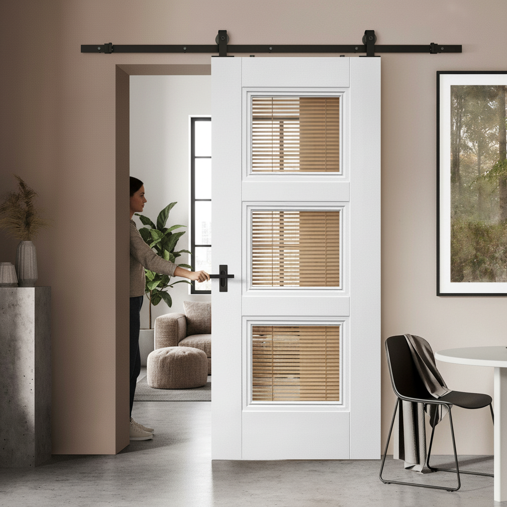Premium Elegance Sliding Door with 3 Clear Glass Panels and Black Steel Track for Modern Interiors - Image 2