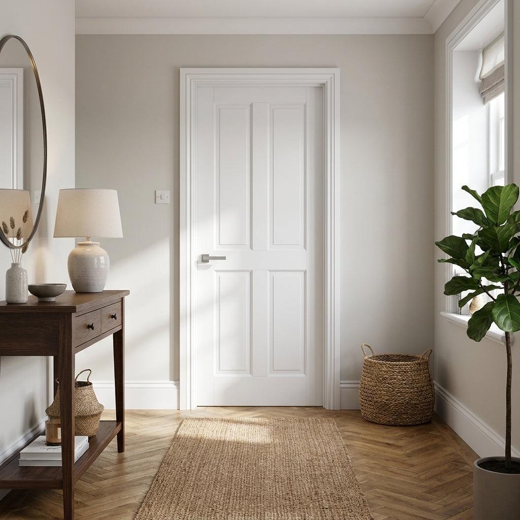 FD30 Fire Rated White Internal Door, 4 Panel Design, Primed Finish