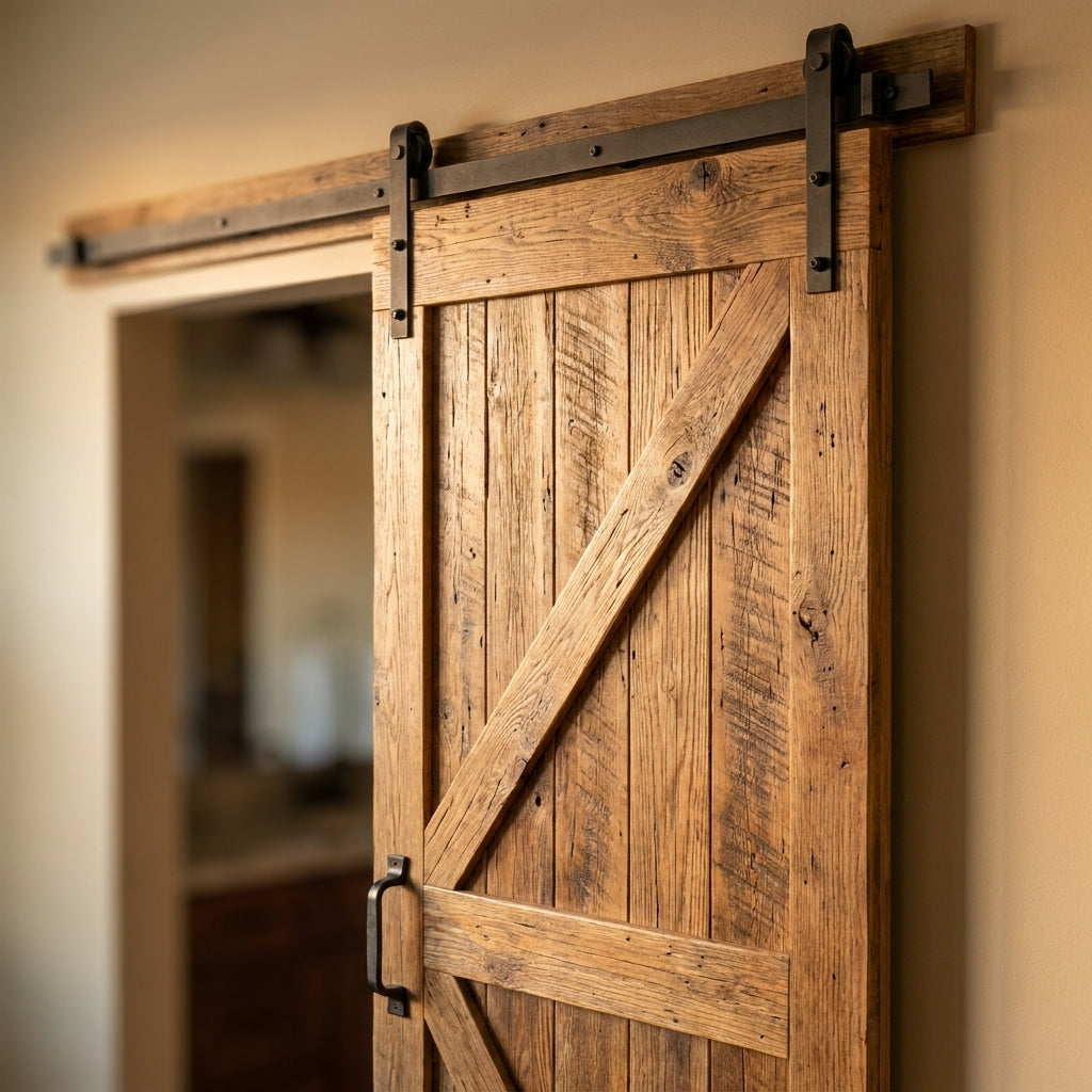 Sliding Barn Door, Internal Pine, Carbonised Z Brace, Black Top Mounted, Unfinished - detail view