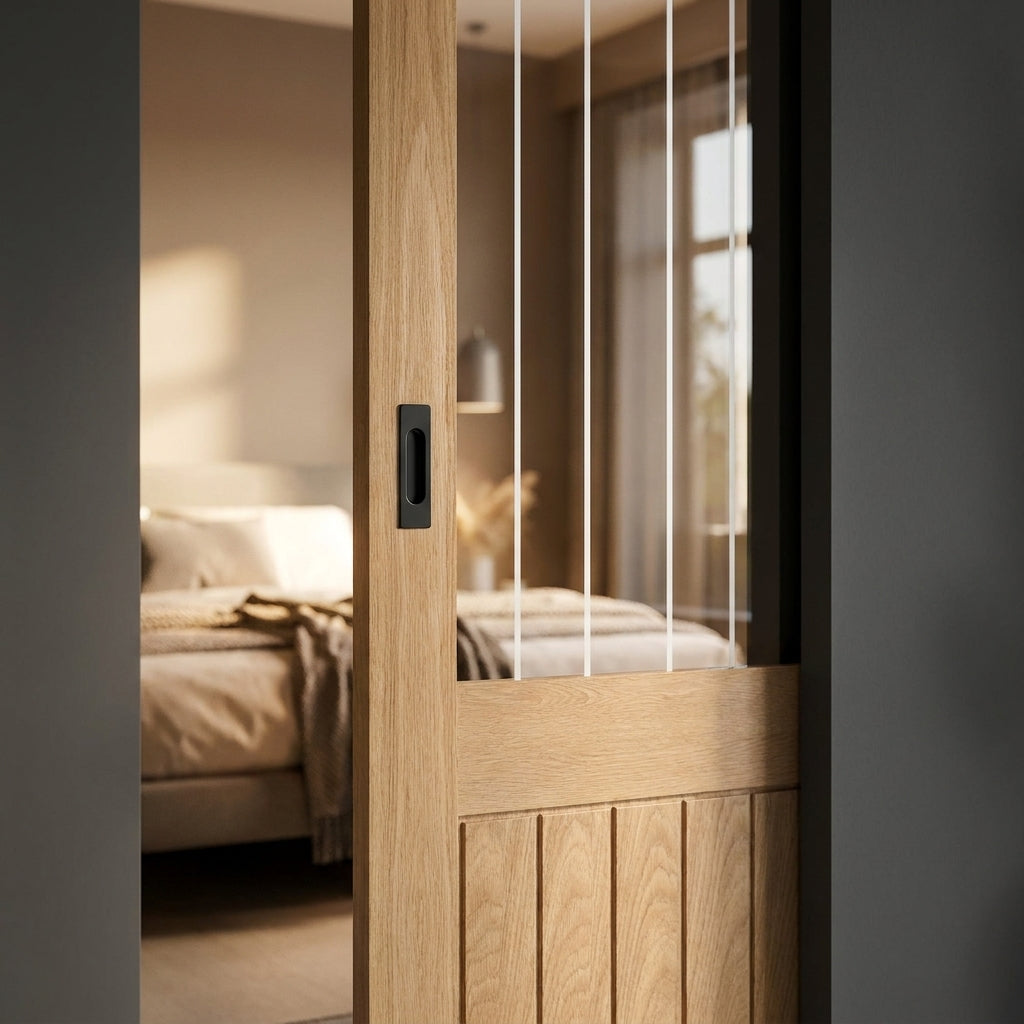Oak Internal Pocket Door Set Unfinished 1 Light Obscure Lined Glass 100mm - detail view