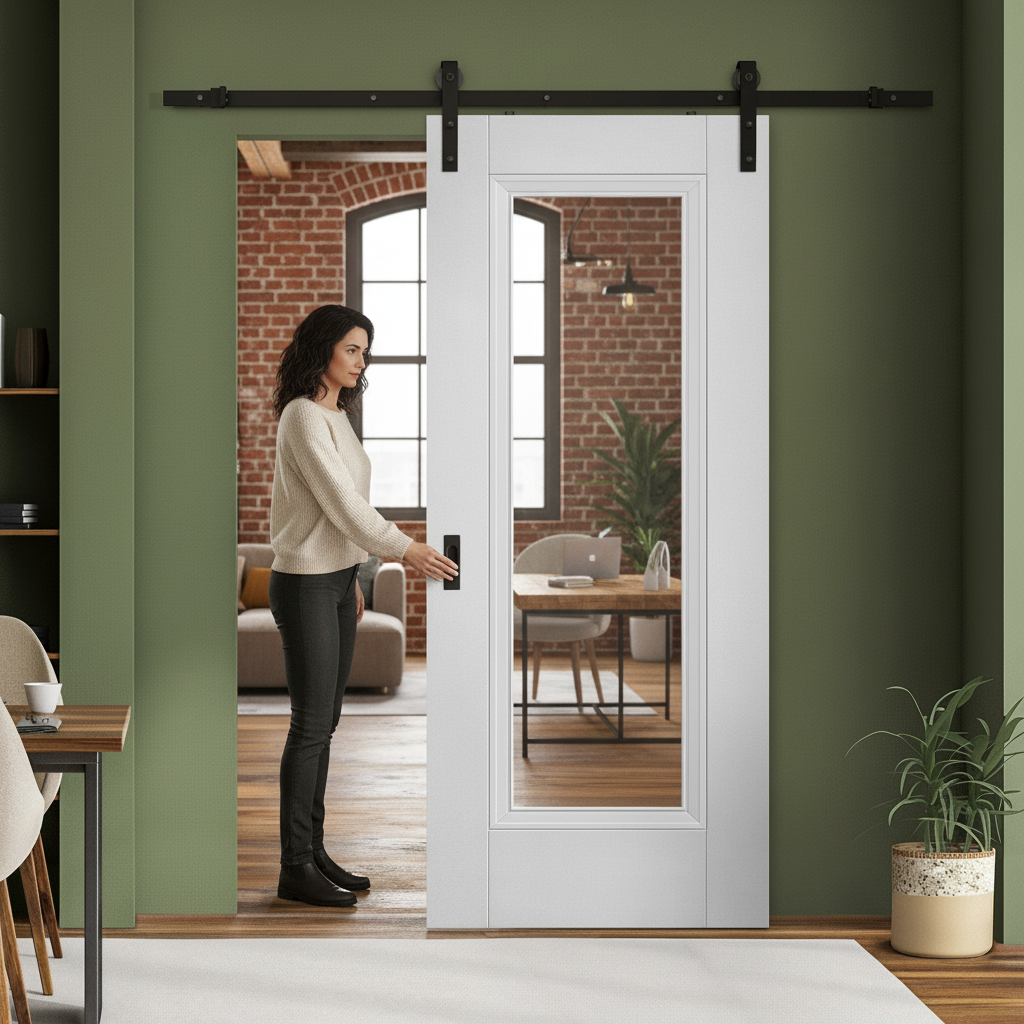 Premium White Internal Primed Elegance Lancaster 1 Light Clear Glass Sliding Door with Black Steel Track for Modern Home Design