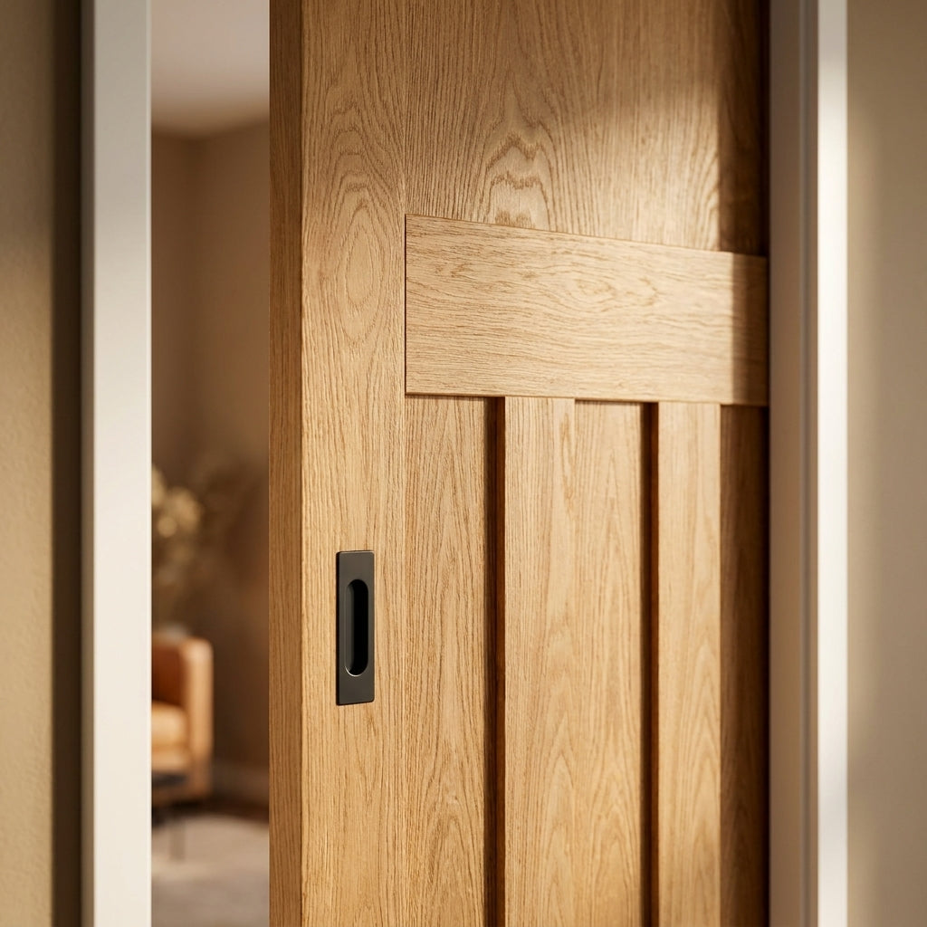 Pocket Door Set Oak Unfinished 1930's 4 Panel Framed Internal 100mm - detail view