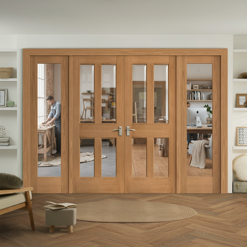 Premium Internal Room Divider Set with Victorian Design and Clear Bevelled Glass Panels - Complete Oak Frame Kit