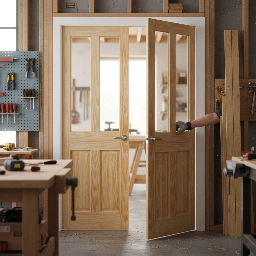 Internal Clear Pine Unfinished 2 Panel 2 Light Glass Door Pair - Customizable Design for Elegant Interiors