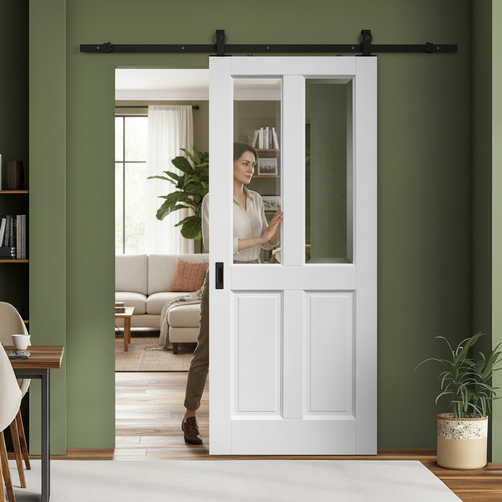 Internal Sliding Door 4 Panel 2 Light with Clear Bevelled Glass - Rustic Charm and Smooth Operation - Image 2