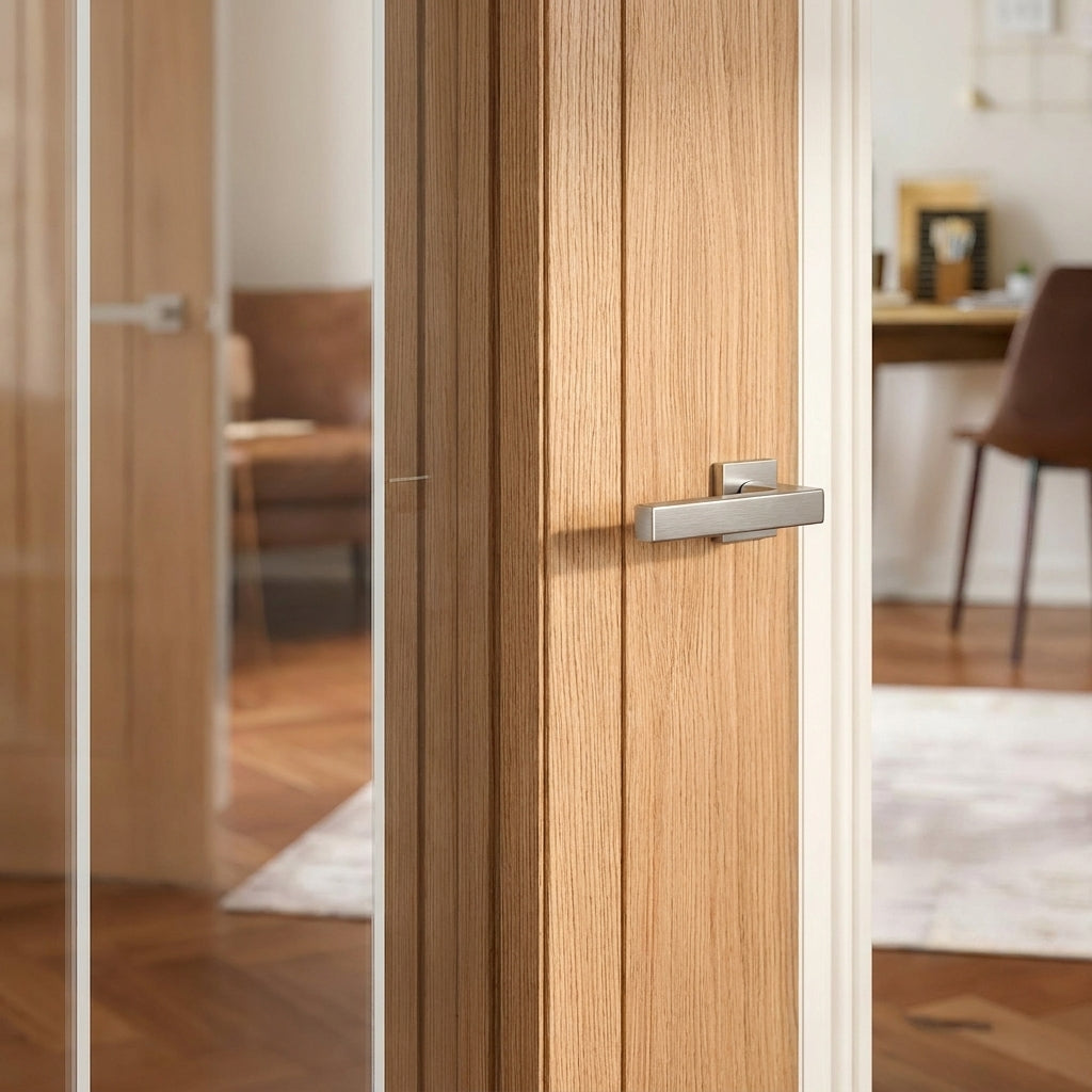 Oak Internal Door Fully Finished with Lined Toughened Safety Glass - detail view