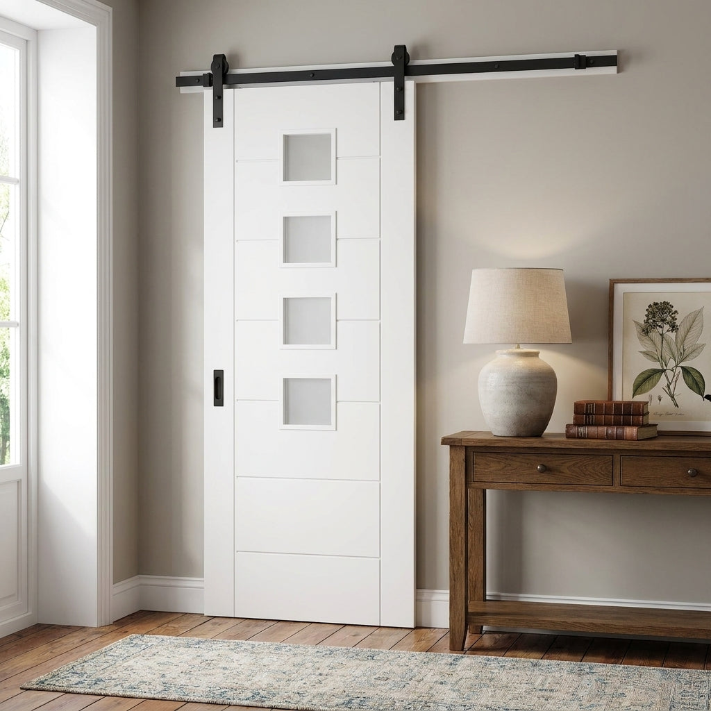 Internal White Sliding Door with 7 Panels, 4 Light Obscure Glass, Primed Finish