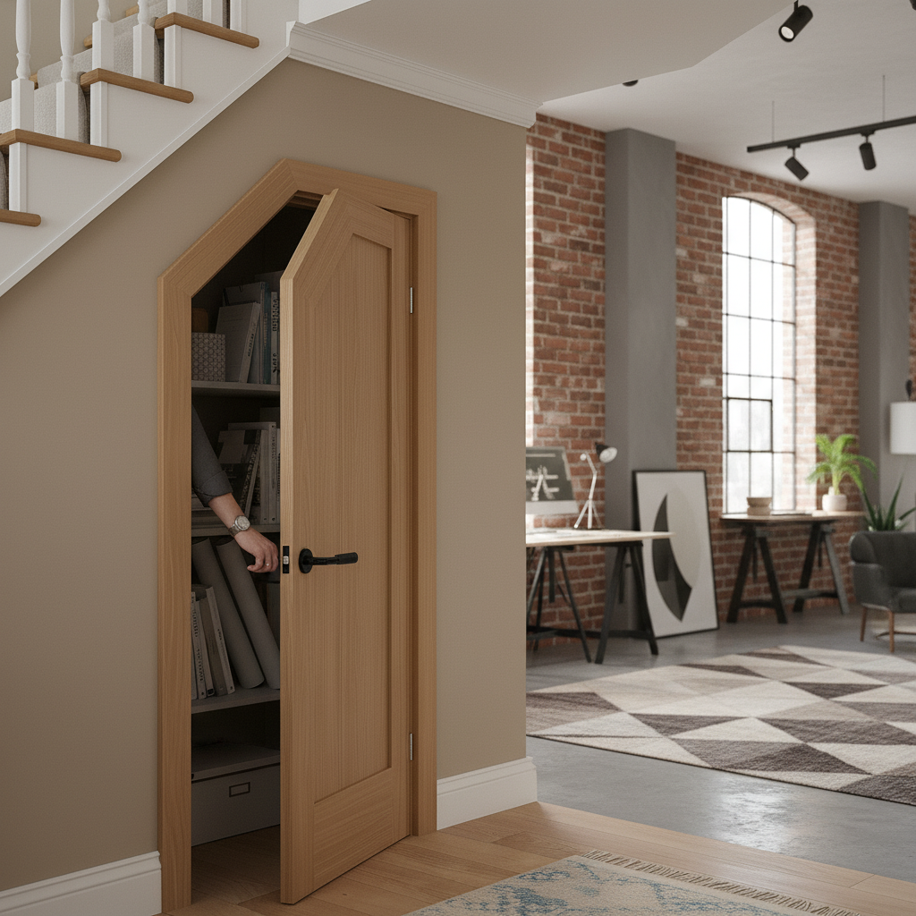 Premium Made-to-Measure Oak Under-Stair Cupboard Door with Angled Design for Custom Storage Solutions