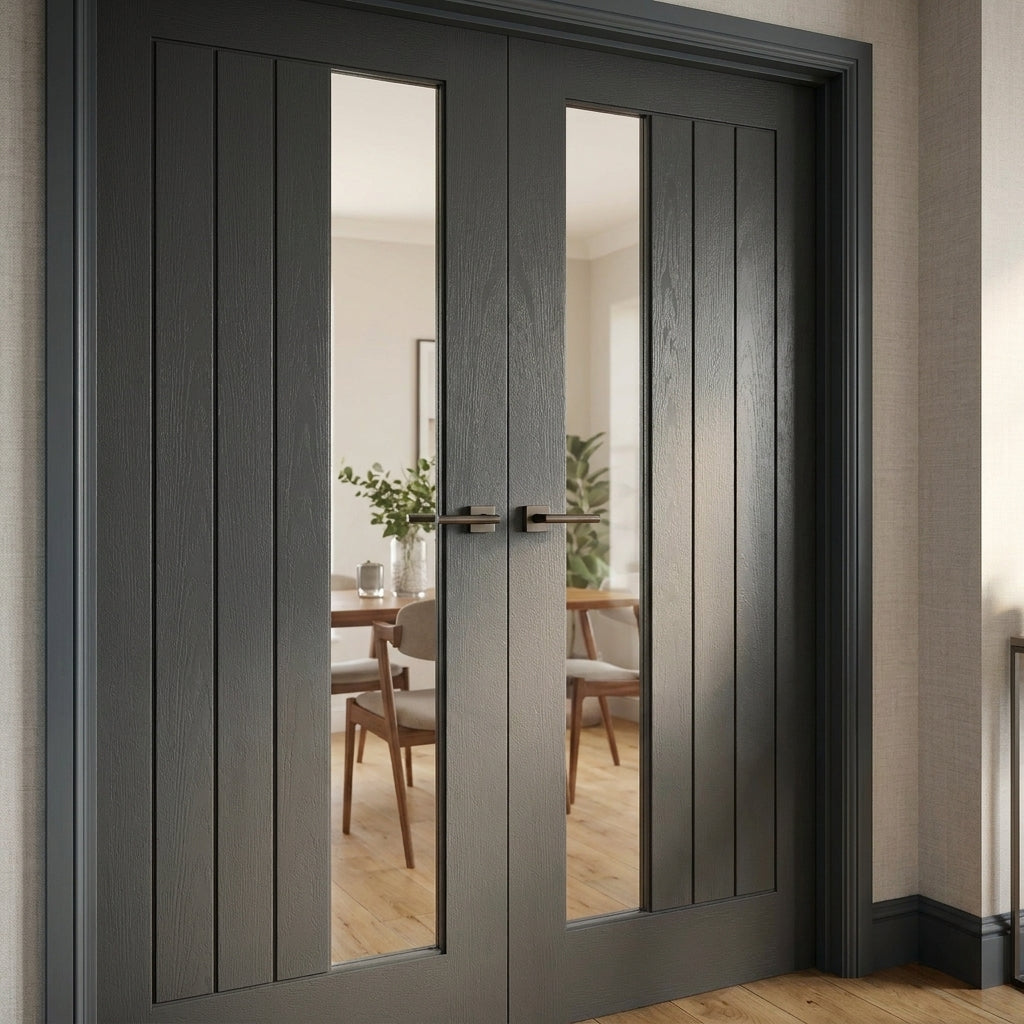 Internal Double Door with Ash Grey Finish and Clear Offset Glass, Fully Finished - detail view