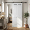 Internal White Primed Sliding Door, 4 Panel Design, Solid Core, Black Top Mounted