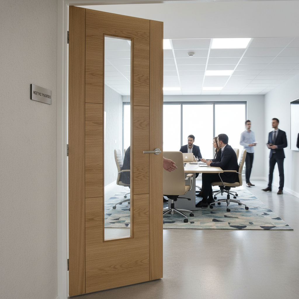 Premium Contemporary Oak Glazed Internal Door with 5 Ladder Style Panels and Clear Tempered Safety Glass