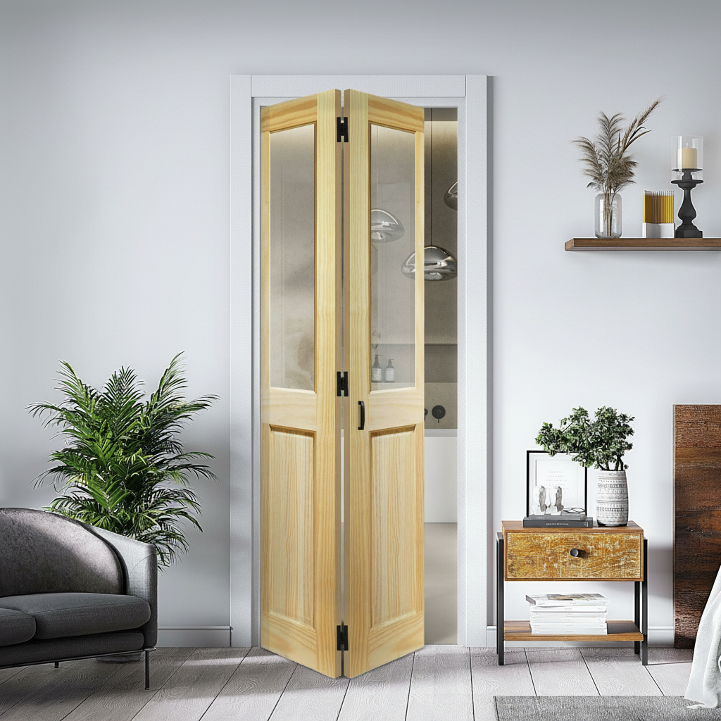 Clear Pine Internal Unfinished Bi-Fold Door with 4 Panels and 2 Light Clear Glass for Modern Spaces