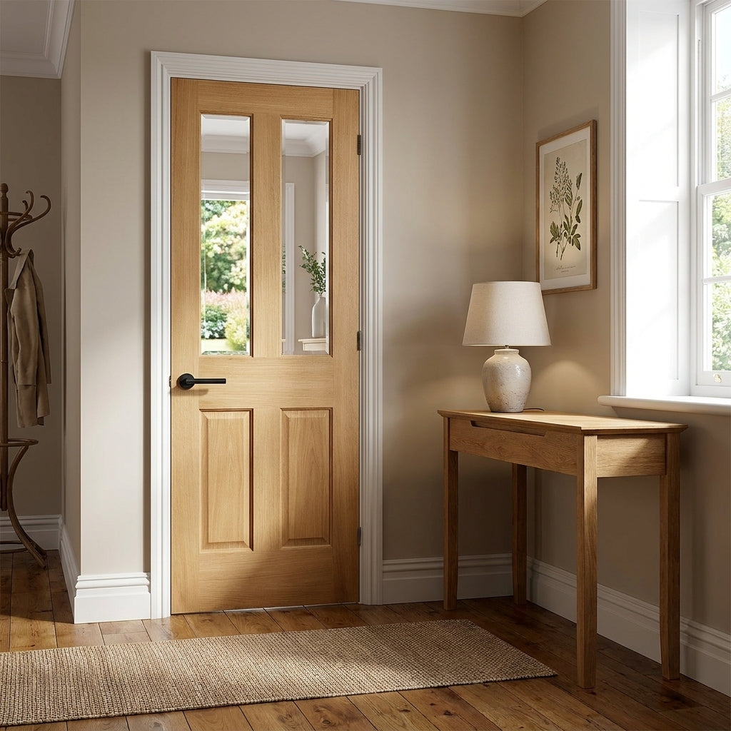 Unfinished Oak Internal Door with 2 Panel Design and 2 Light Bevelled Clear Glass