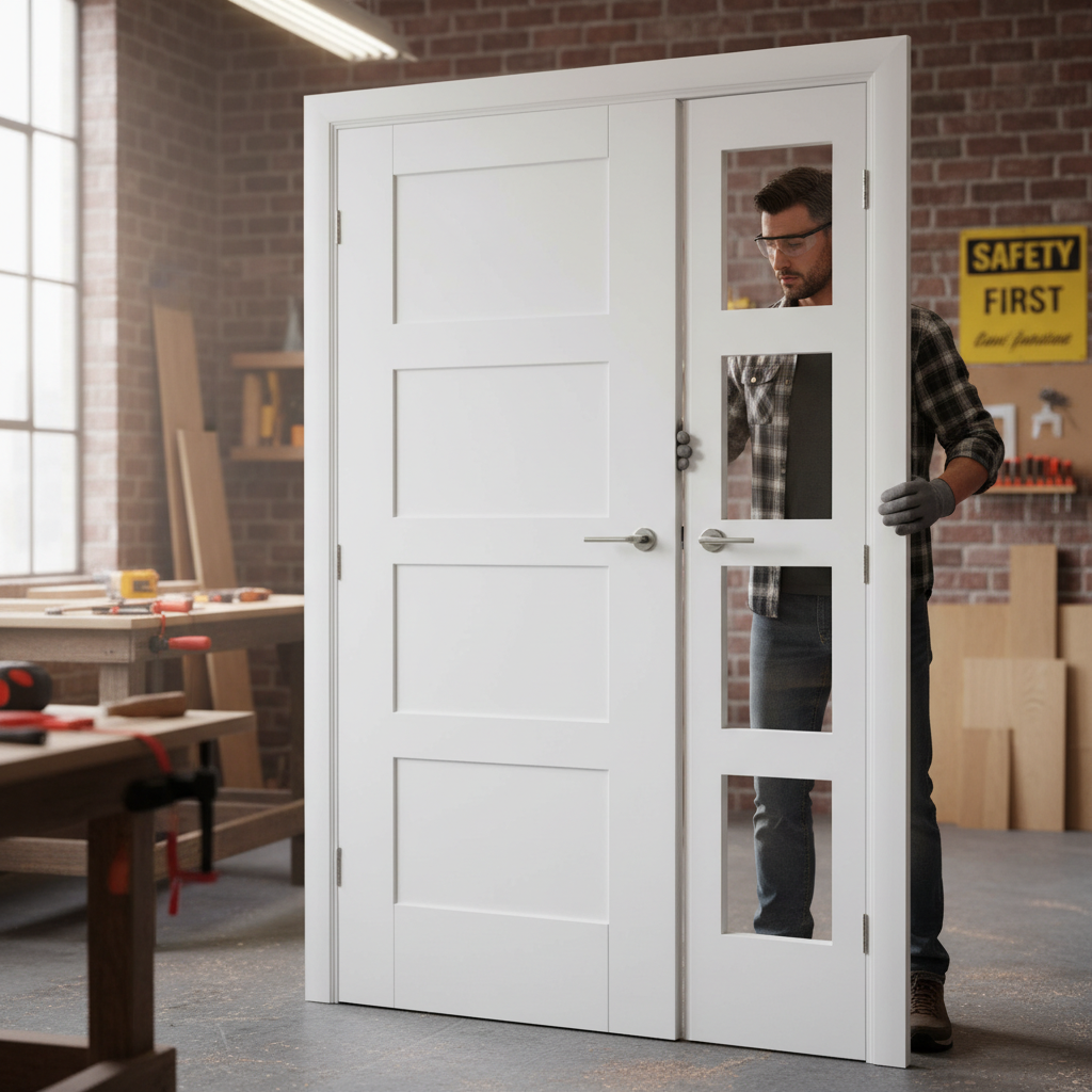Premium White Shaker 4P/4L Offset French Door with Clear Glazed Demi Panel - Customizable Sizes and Unfinished Oak Frame
