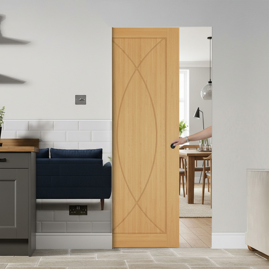 Premium Flush Pocket Door Set with Crown Cut Oak Veneer - Space Saving Design with No Bottom Track for Elegant Interiors