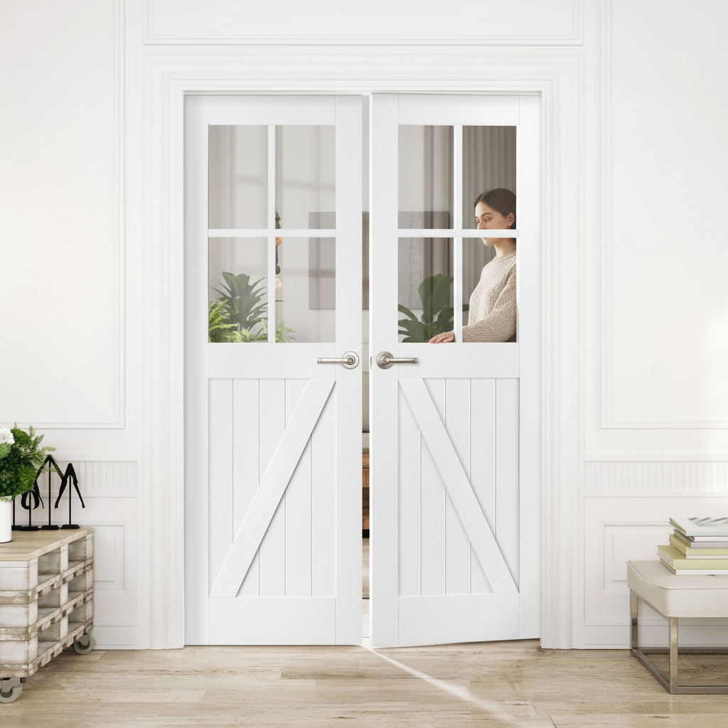Premium Internal White Primed Barn Door Pair with Four Light Glazed Panels and 35mm Thickness for Rustic Elegance - Image 2