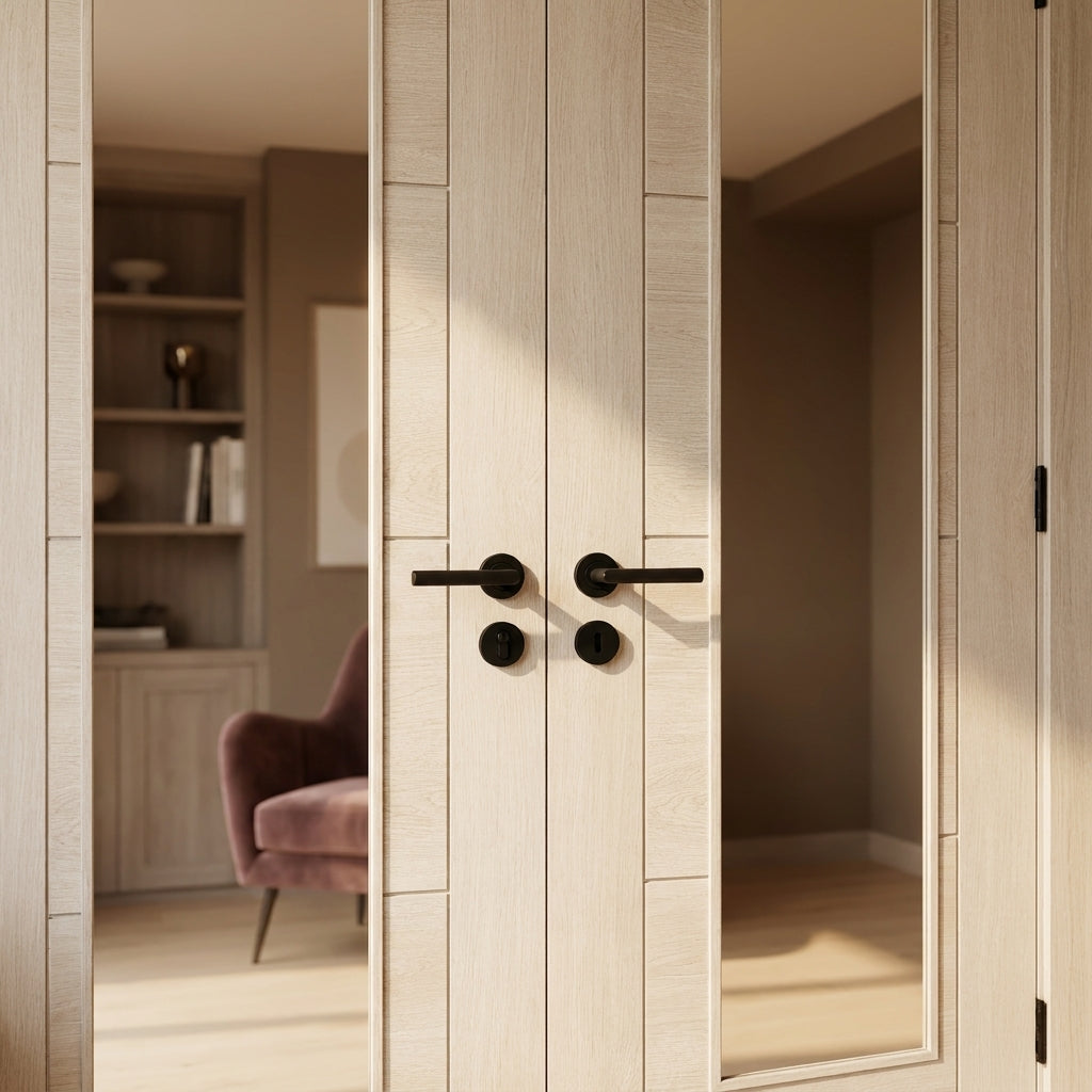 Ivory Internal Double Door with Clear Glass, Fully Finished, Laminate - detail view