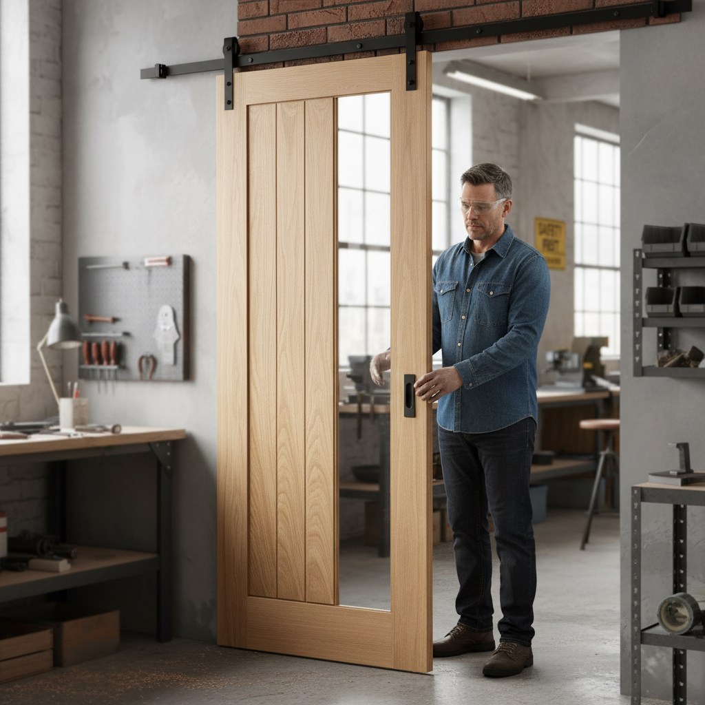 Premium Unfinished Oak Internal Sliding Door with Clear Offset Glass Panel - Modern Design and Custom Finishing Options
