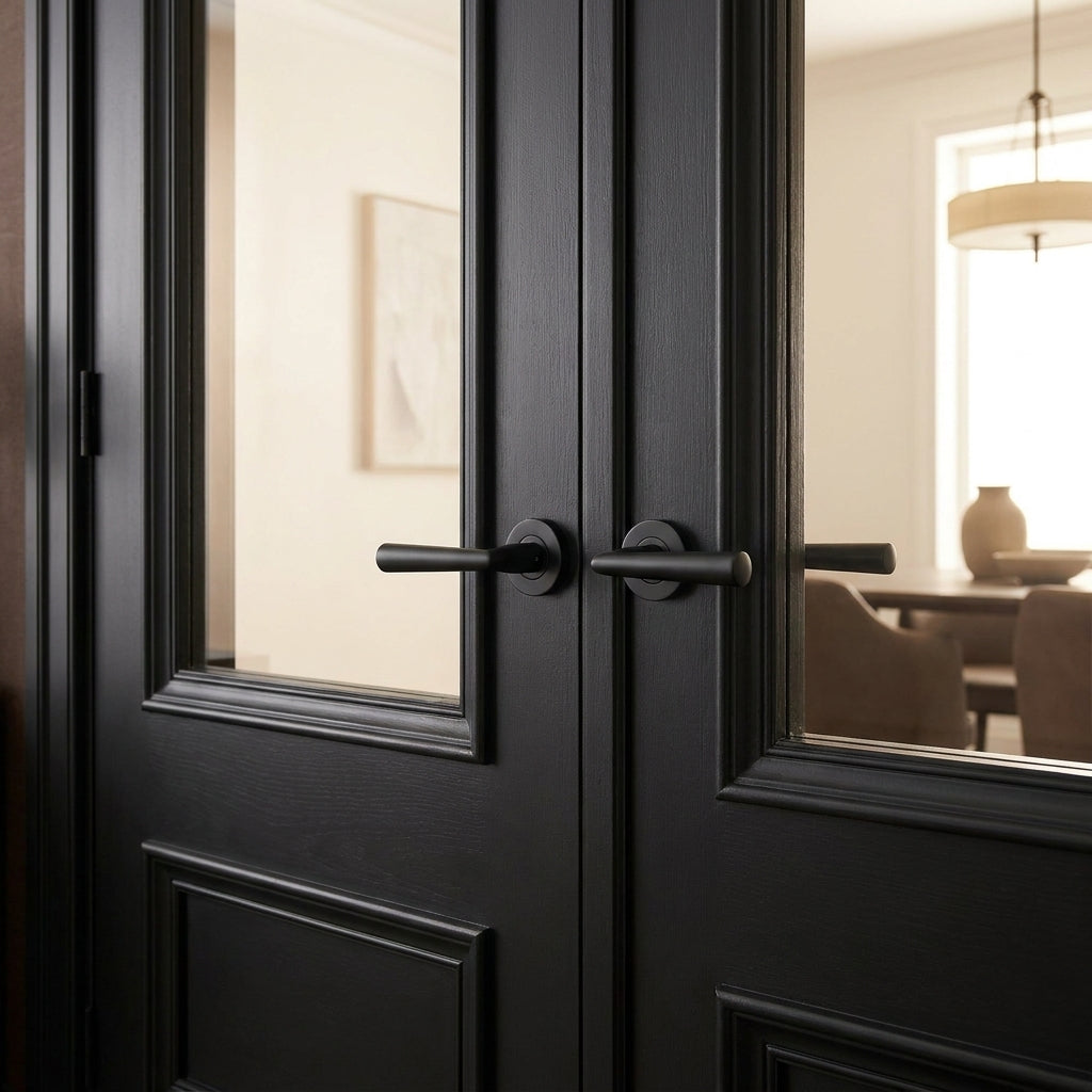 Internal Double Door Mayfair 2 Panel with Clear Glass, Fully Finished, Jet Black - detail view