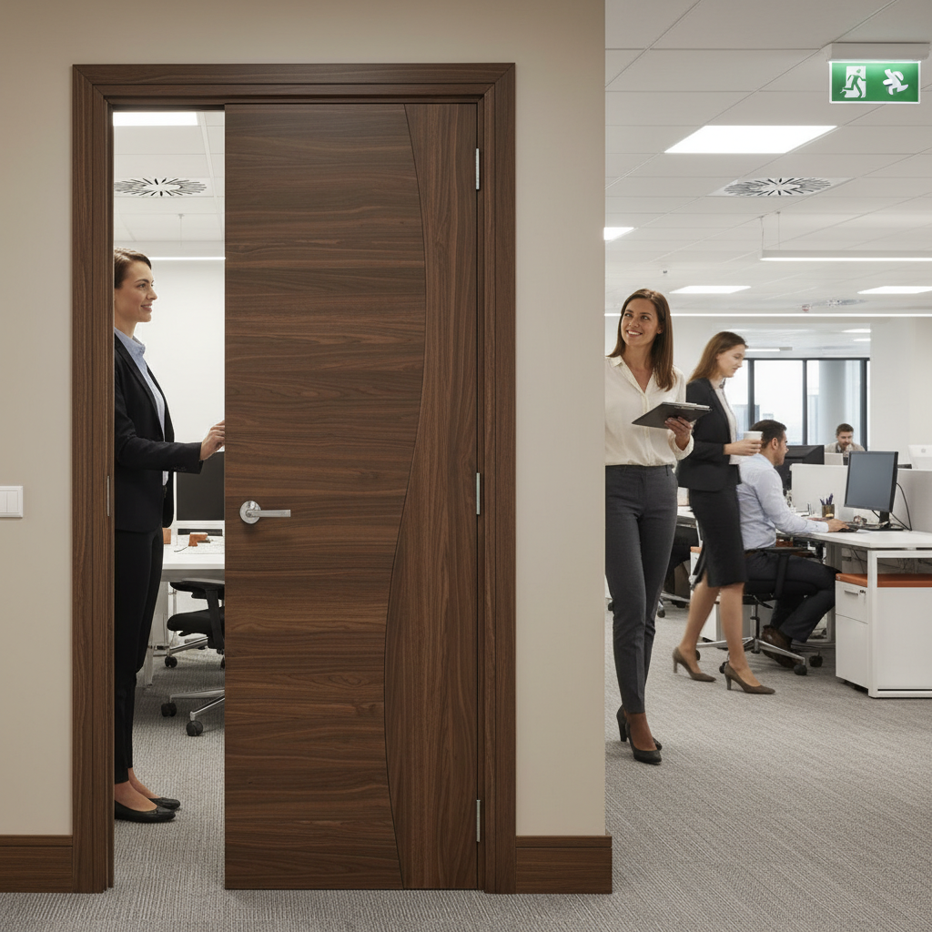 Premium Contemporary Walnut Fire Door with Solid Core and Crown Cut Veneers, Fully Finished and FSC Certified