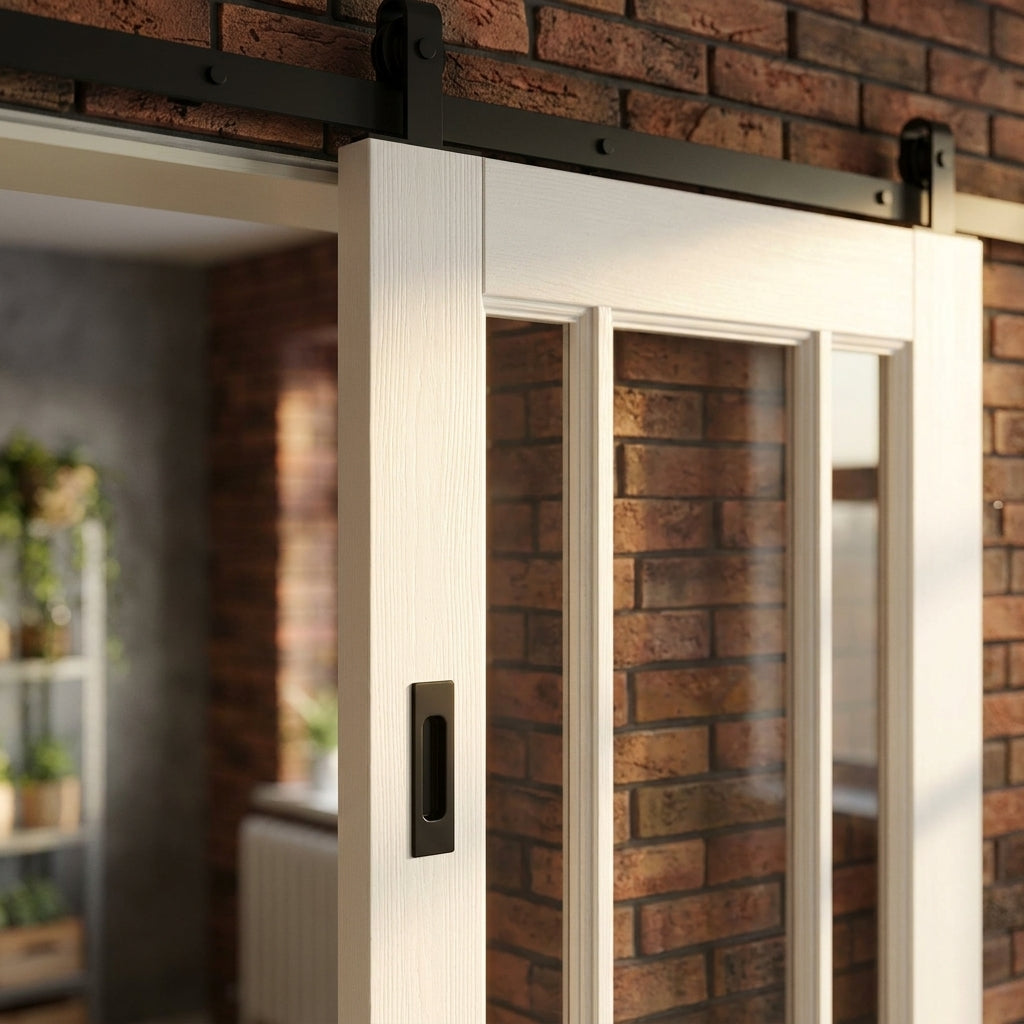 Internal Sliding Door, White Primed, 3 Light Clear Glass, Solid Core - detail view