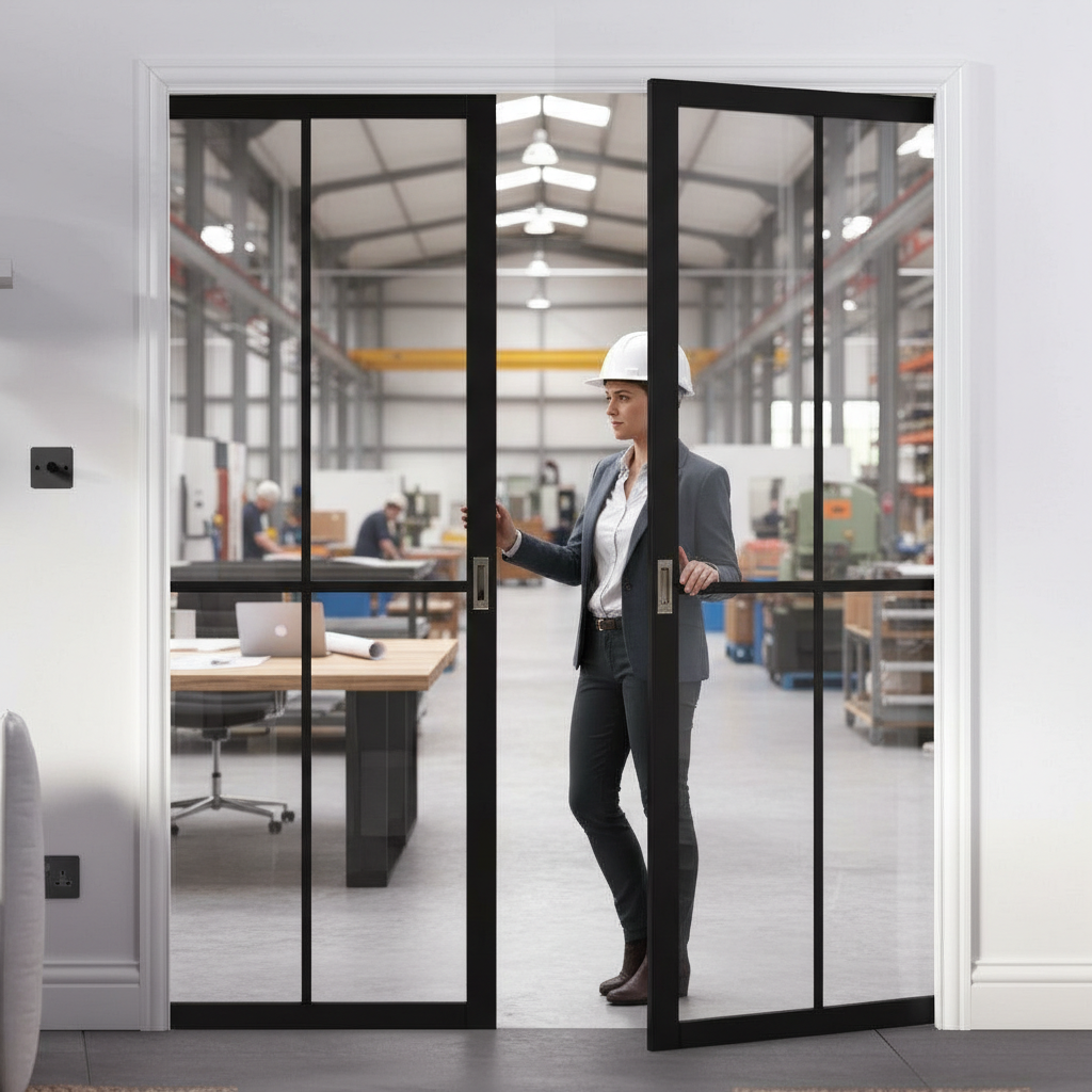 Premium Extra Slim Cross Bar Fire Rated Double Pocket Door System with Custom Frame and Fire Glass Options