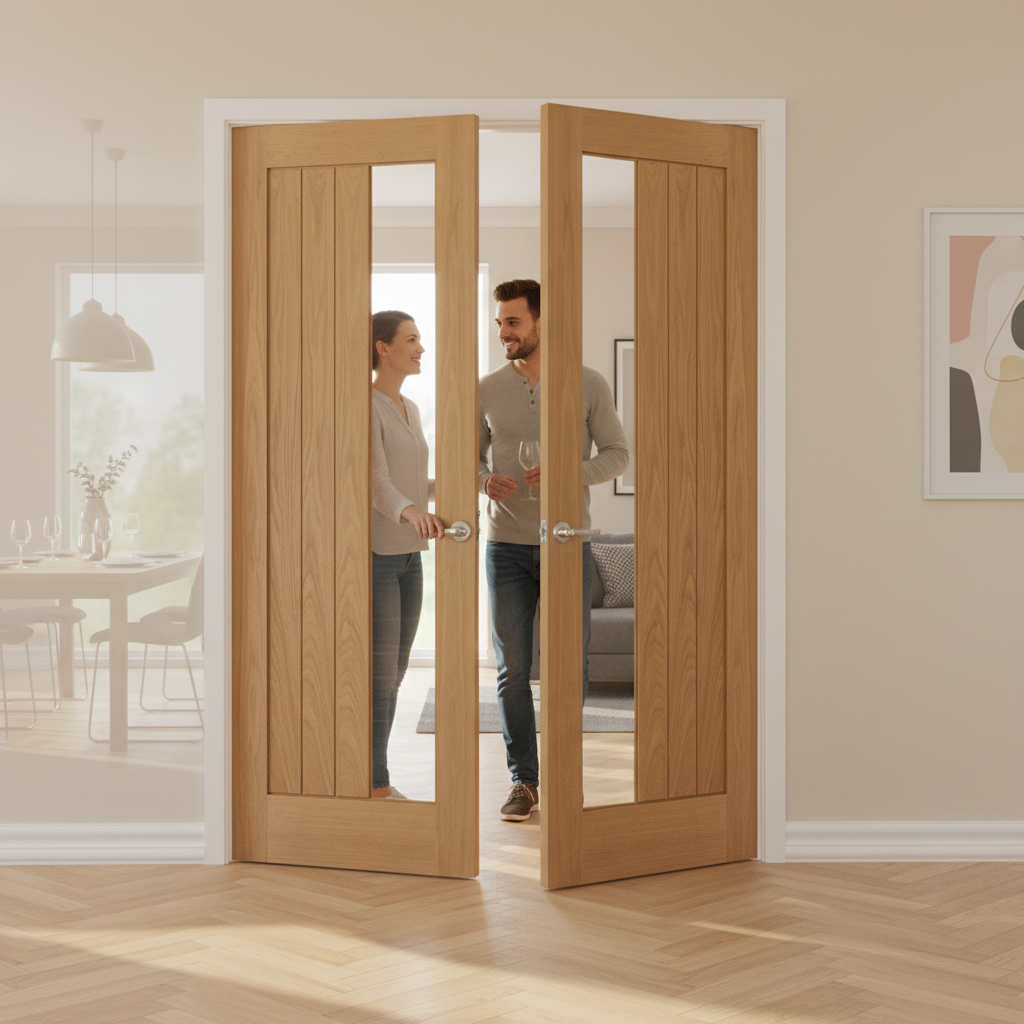 Premium Internal Oak Pair Doors with Clear Offset Glass Panel - Fully Finished, Durable Design for Modern Interiors - Image 2