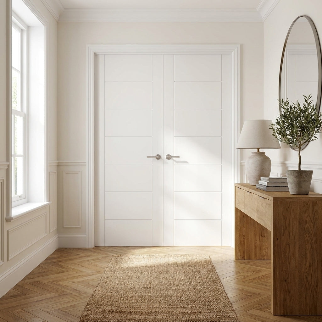 Internal Door Pair, White Primed, 7 Panel Design, Semi-Solid Core
