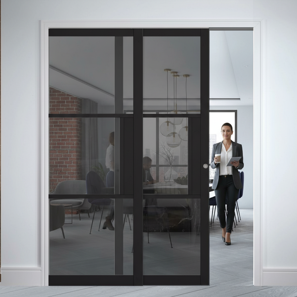 Premium Telescopic Pocket Door System with Tinted Glass, Dual Configuration, and Maintenance-Free Track for Modern Spaces