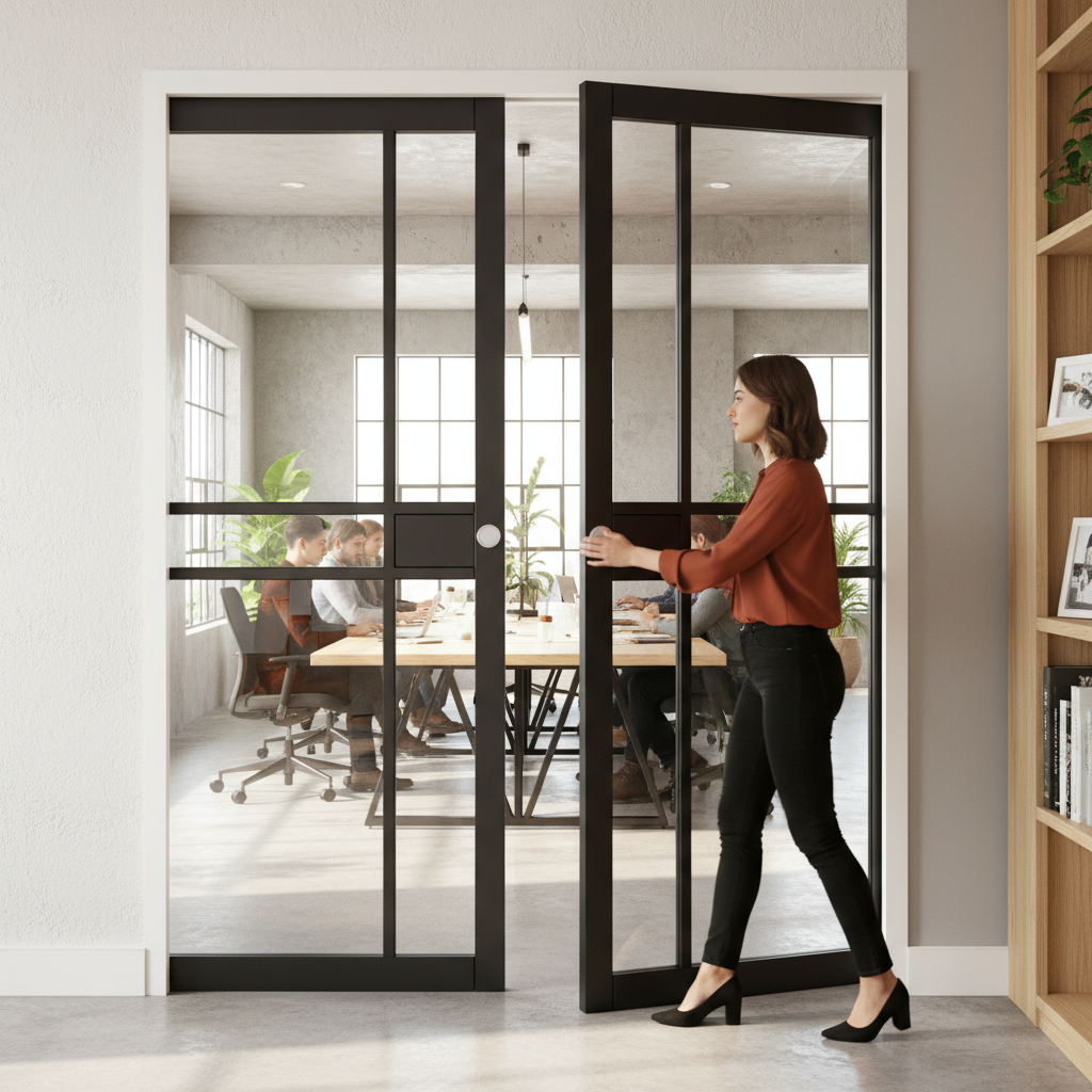 Premium Clear Glazed Double Pocket Door Set with Galvanized Frame and Adjustable Features for Modern Interiors