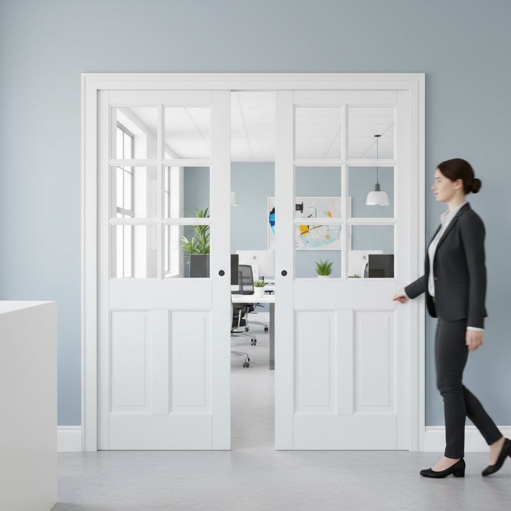 Premium Solid White Double Pocket Door Set with Galvanised Steel Frame and Clear Glazed Panels