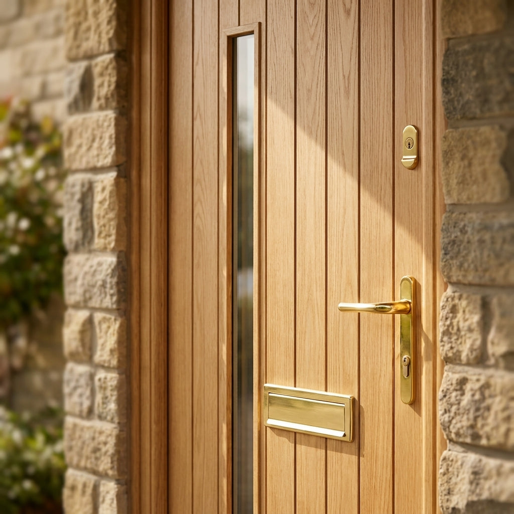 External Oak Door Unfinished with 1 Light Obscure Glazing and Double Offset - detail view