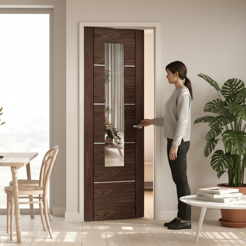 Premium Internal Walnut Fully Finished Door with Clear Glass Pane and Solid Engineered Core for Modern Interiors