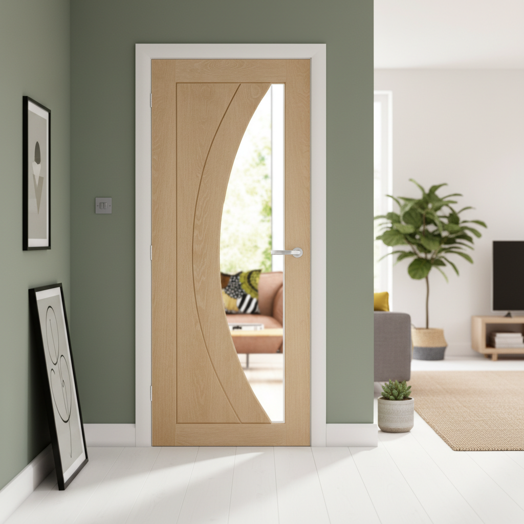 Premium Fully Finished Internal Oak Door with Clear Glass and Deep U-Groove Design for Enhanced Light Flow
