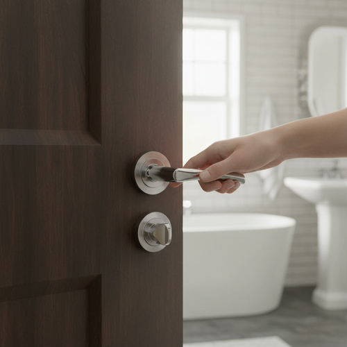 Premium Chrome Lever On Round Rose Bathroom Handle Set with Stylish Hinges and Lock for Modern Interior Doors - Image 2