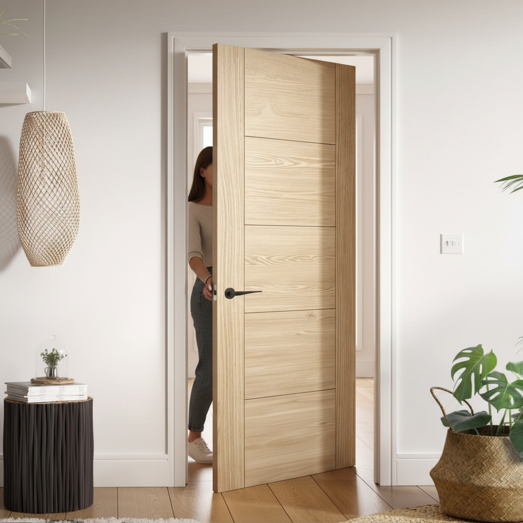 Premium Horizontal Oak 5 Panel Fire Door with Luxury Deep V-Grooves and Solid Core Construction for Lasting Durability