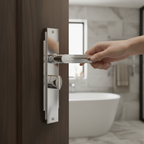 Premium Polished Chrome Bathroom Lock Handle with Stepped Lines and Angular Design - 10 Year Guarantee
