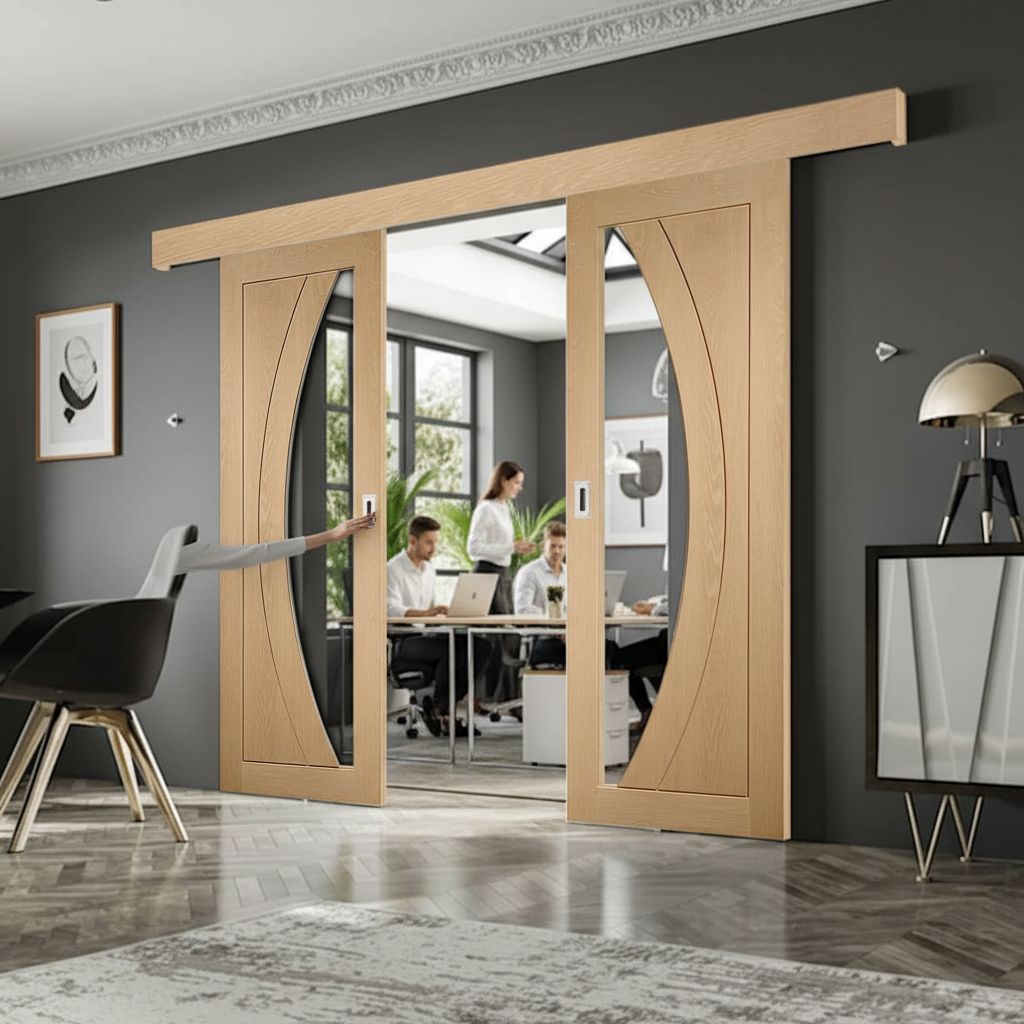 Premium Double Sliding Door System with Oak Glazed Doors and Easi-Glide Mechanism for Smooth Operation