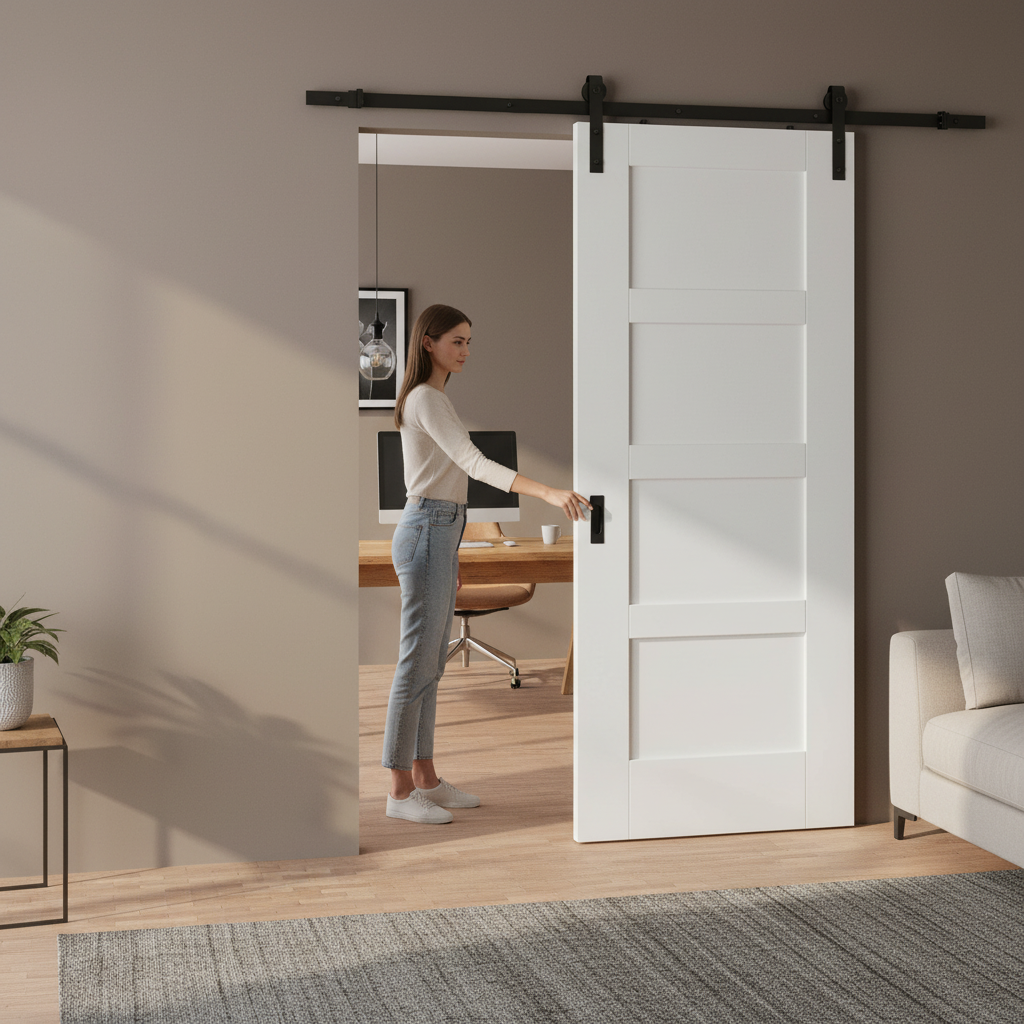 Premium Internal White Primed Shaker 4 Panel Sliding Door Set with Black Steel Track for Space-Saving Installation - Image 2