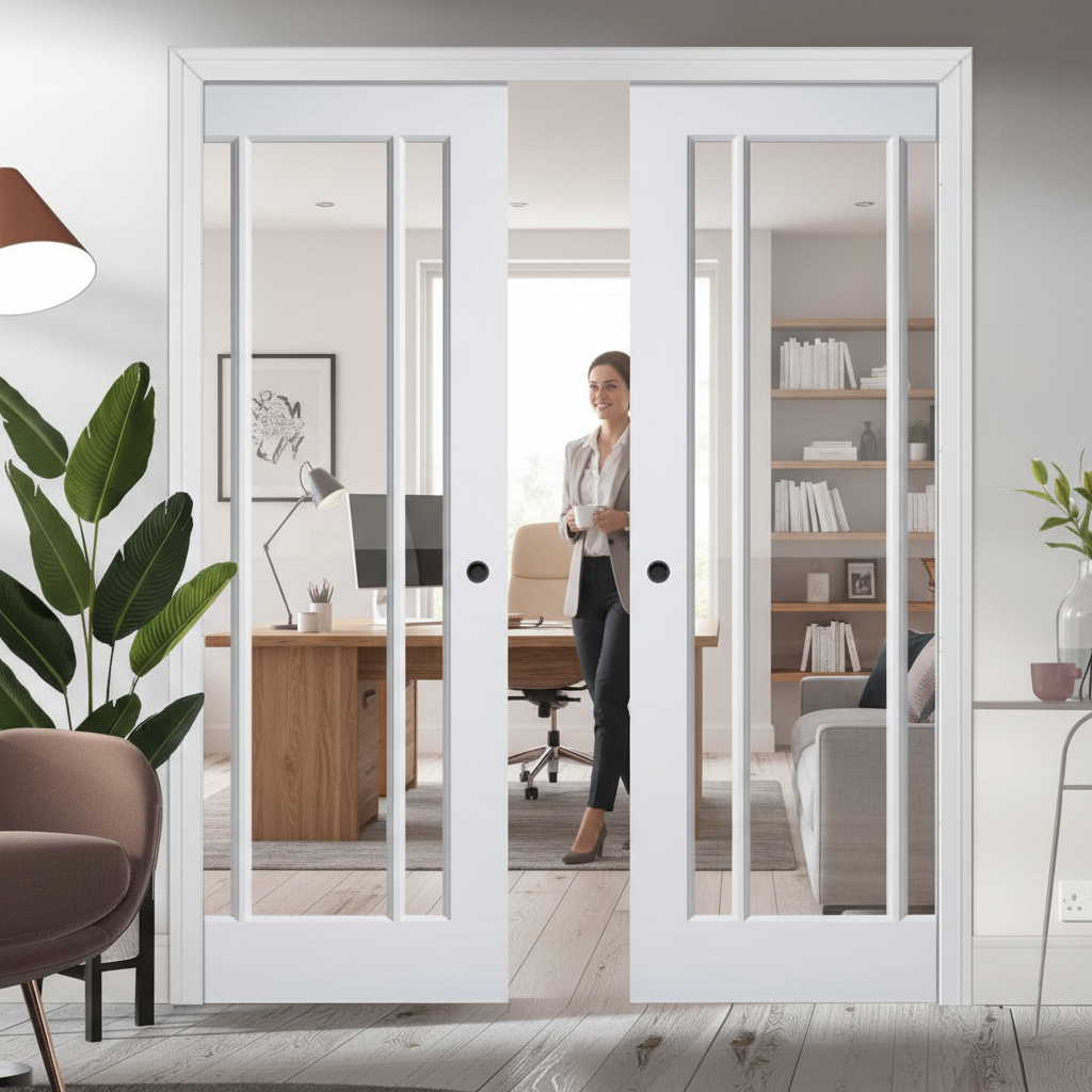 Premium Clear Glazed Double Pocket Door Set with Galvanised Steel Frame and Decorative Vertical Bars for Stylish Space Saving