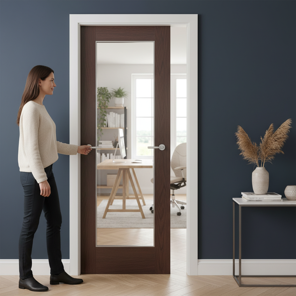 Premium Internal Walnut Door with Clear Glass and Aluminium Inlays for Modern Interiors