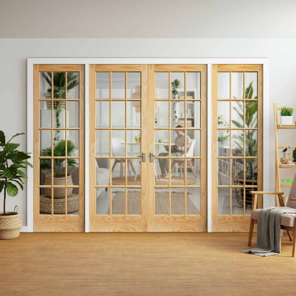Internal Clear Pine Unfinished Room Divider Set with Four Clear Glass Doors for Elegant Space Separation and Natural...