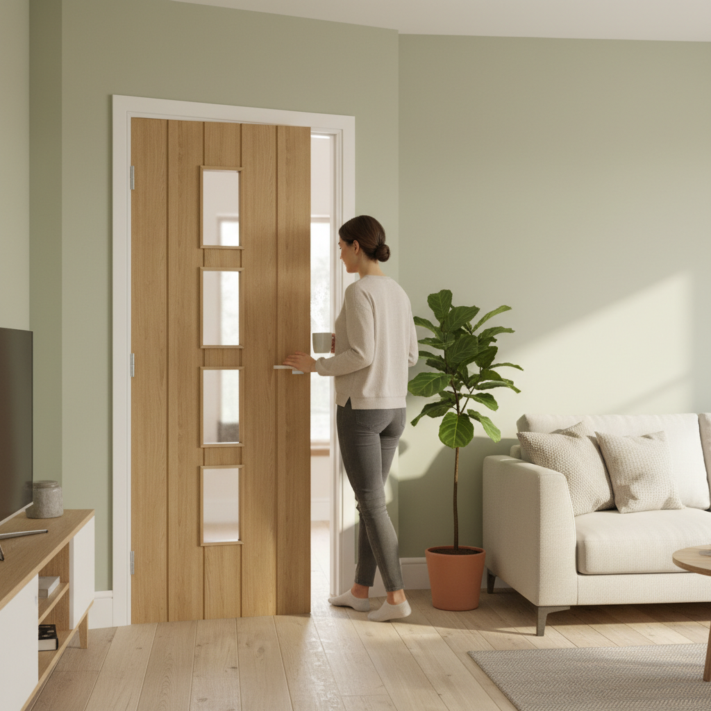 Premium Oak Glazed Internal Door with Solid Core and Toughened Glass for Enhanced Natural Light